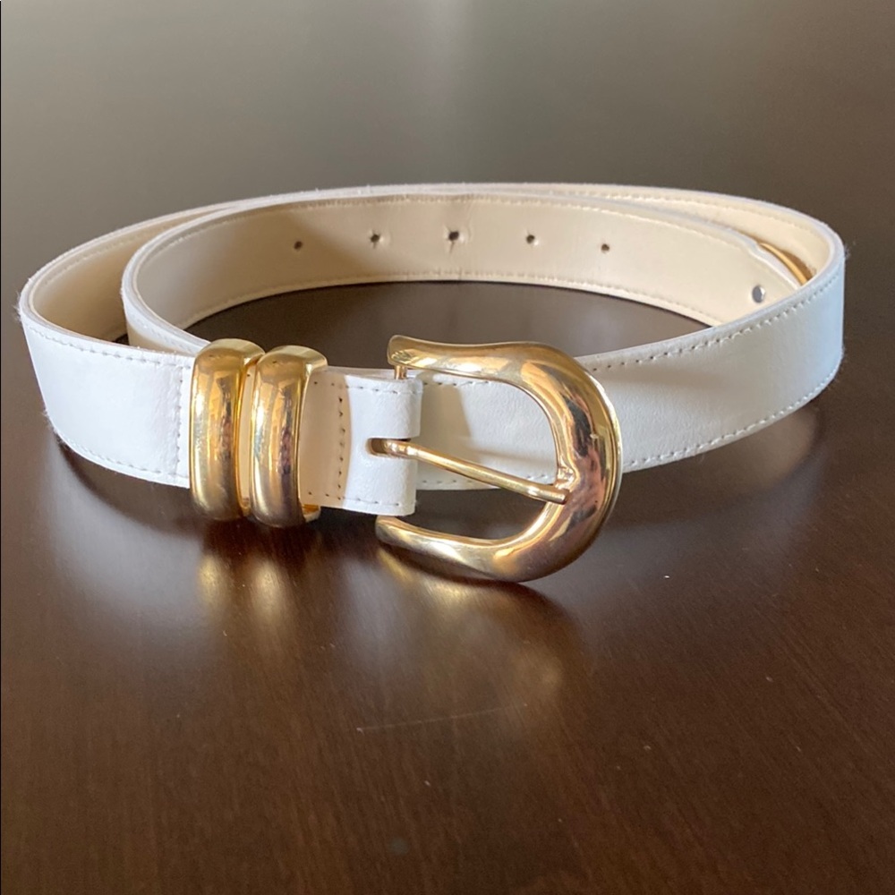 A. Brod White Leather Belt with Gold Detail